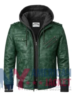 Men’s Green with Removable Hood Leather Jacket