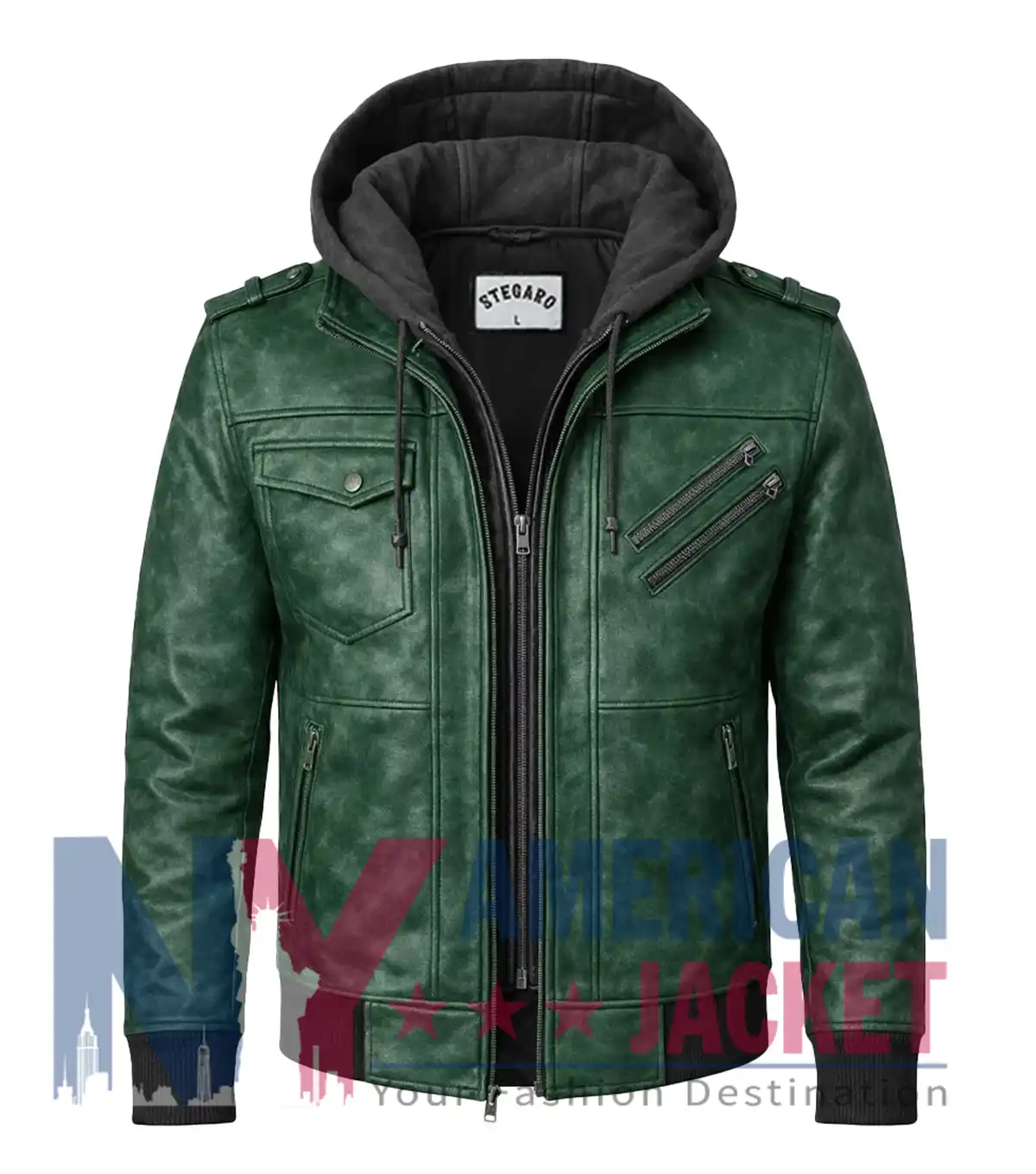Men’s Green with Removable Hood Leather Jacket