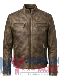 Men’s Waxed Distressed Leather Cafe Racer Jacket