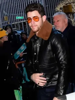 Nick Jonas Shearling Black Leather Jacket