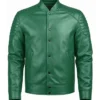 Padded Green Leather Bomber Jacket