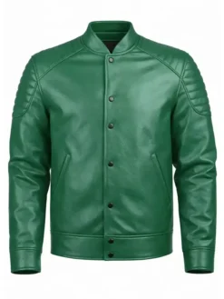 Padded Green Leather Bomber Jacket
