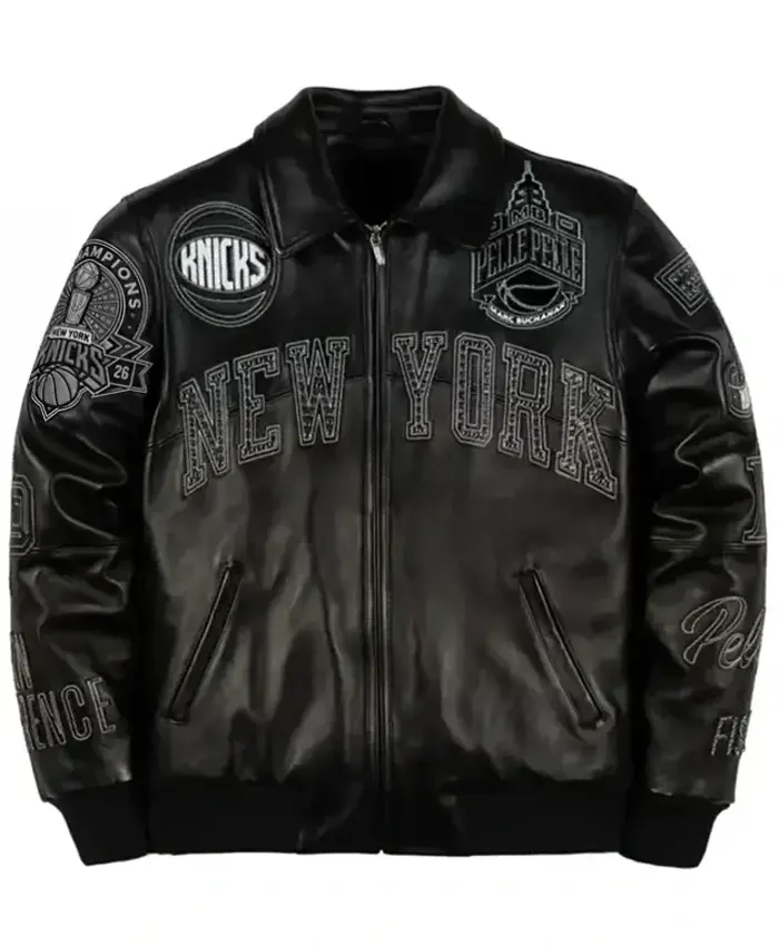 Shop Pelle Pelle x All Star New York Knicks Black Leather Bomber Jacket
