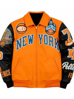 Shop Pelle Pelle x All Star New York Knicks Orange Leather Bomber Jacket