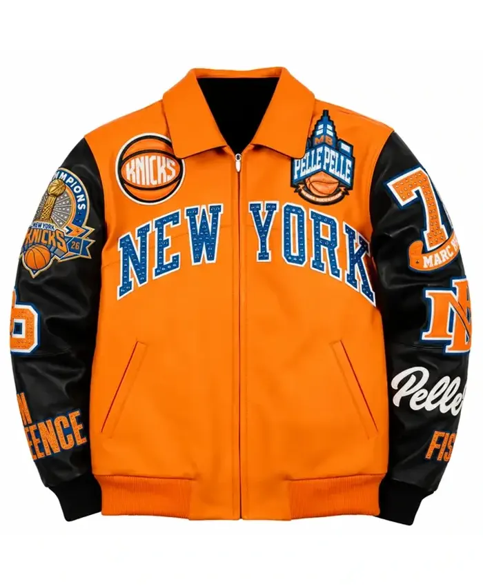Shop Pelle Pelle x All Star New York Knicks Orange Leather Bomber Jacket