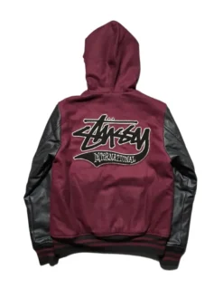 Stussy Maroon And Black Wool Varsity Jacket For Sale 