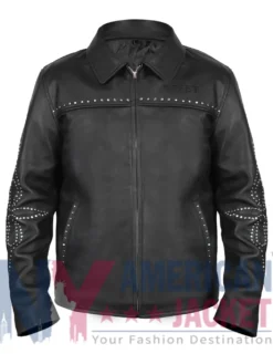 VIVET Signature Black Real Leather Jacket front view with classic collar and YKK zipper closure