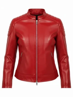 Women's Red Cafe Racer Leather Jacket