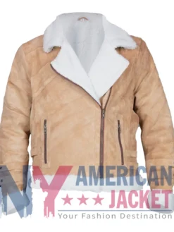 Women's White Suede With Brown Biker Jacket Fur