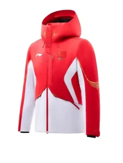 china red pufer hooded jacket