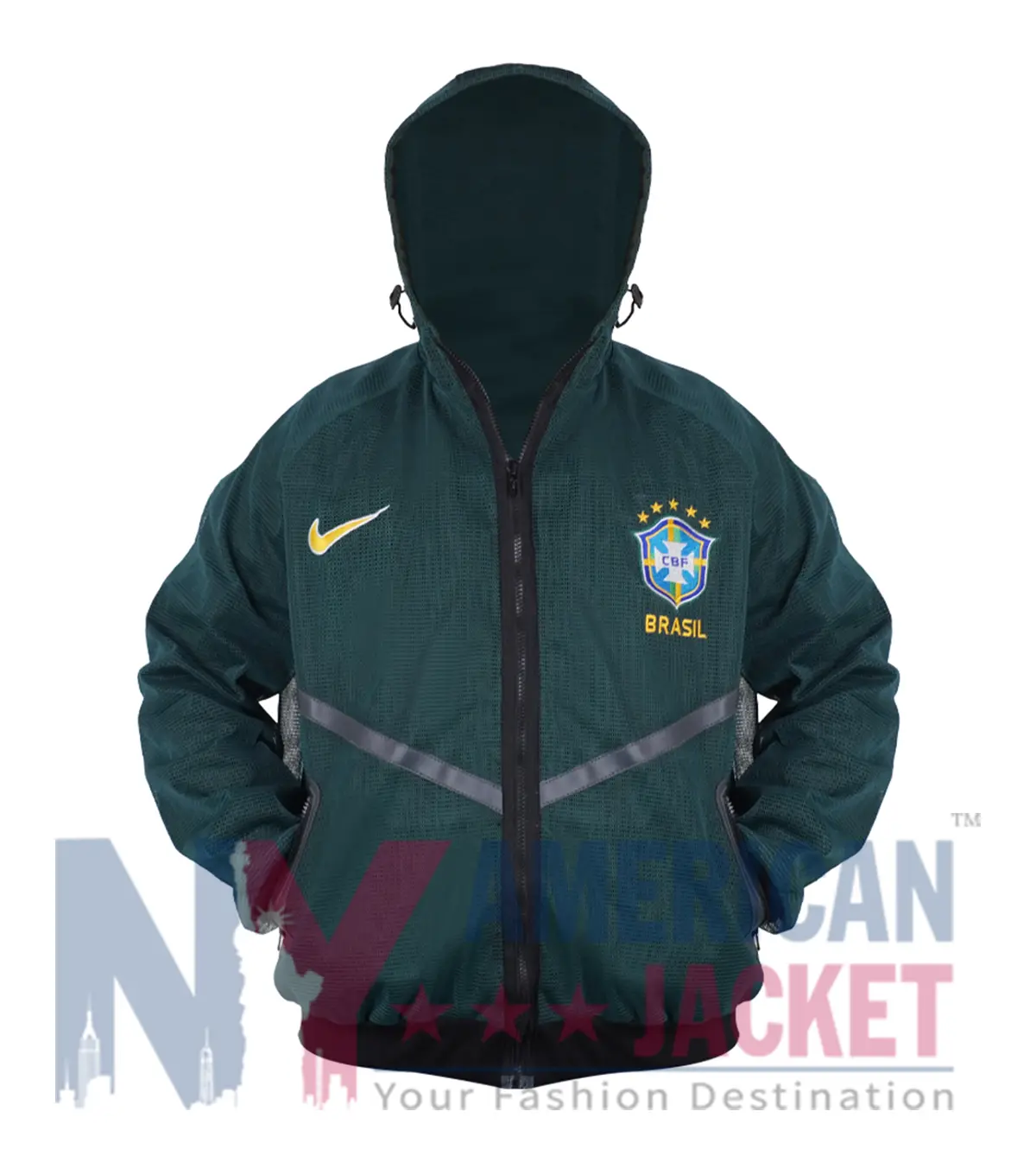 Brazil World Cup 2026 Mesh Anthem Green Jacket front view with hooded collar and YKK zipper closure