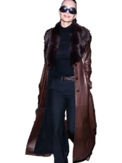 Emily Ratajkowski NYFW 2026 Leather Brown Coat