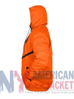 Side view showing full length sleeves and elastic-knitted cuffs on Dutch orange polyester jacket