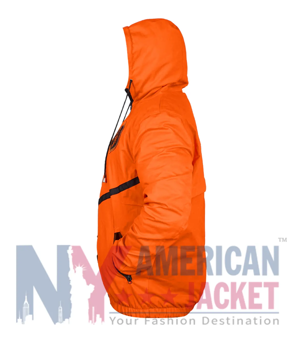 Side view showing full length sleeves and elastic-knitted cuffs on Dutch orange polyester jacket
