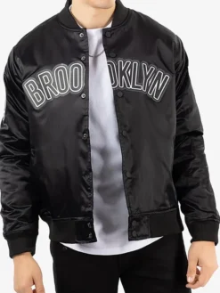 Brooklyn Nets Black Satin Bomber Jacket