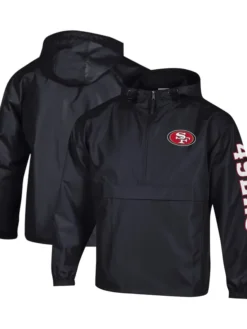 Champion San Francisco 49ers Packable Black Hooded Windbreaker Half-Zip Jacket