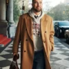 Close-up of Travis Kelce Tommy Hilfiger New York Label Relaxed Double-Breasted Wool-Blend Coat