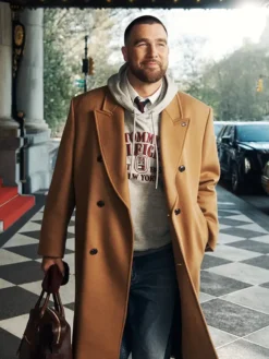 Close-up of Travis Kelce Tommy Hilfiger New York Label Relaxed Double-Breasted Wool-Blend Coat