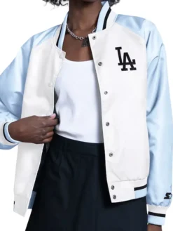 Los Angeles Dodgers Light Blue and White Starter Blitz Varsity Jacket For Womens
