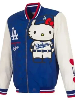Los Angeles Dodgers x Hello Kitty Blue and White Bomber Jacket Front