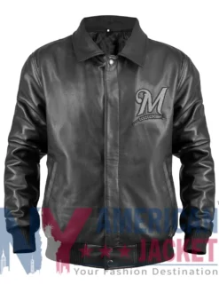 Milwaukee Brewers Black Leather Bomber Jacket