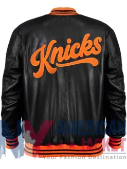 New York Knicks Leather Black And Orange Varsity Jacket