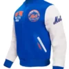 New York Mets City Arch Blue and White Varsity Jacket Right Pose