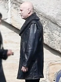 Wednesday Tv Series S03 Fred Armisen Black Leather Coat with Shearling Collar