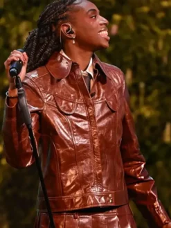 2026 BAFTA Awards Cat Burns Brown Leather Jacket