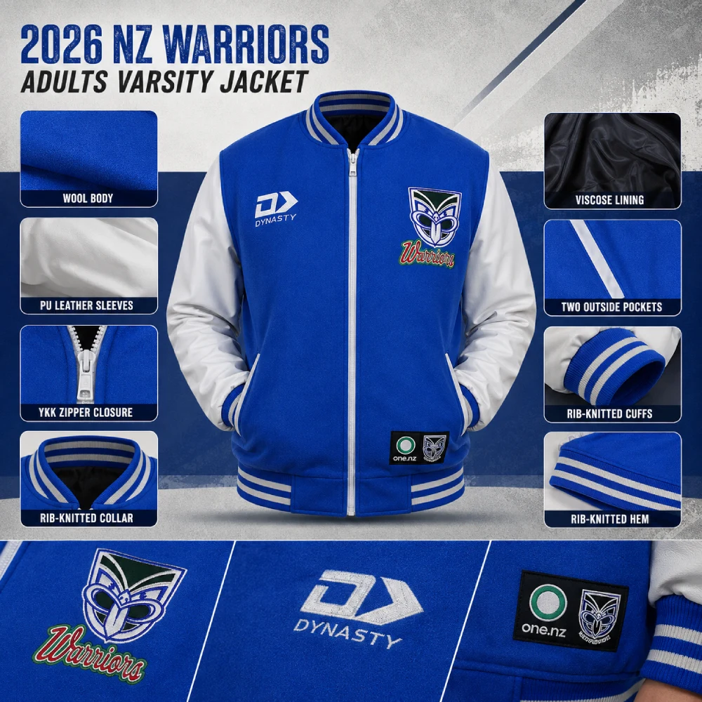 2026 NZ Warriors Adults Varsity Jacket Infographic