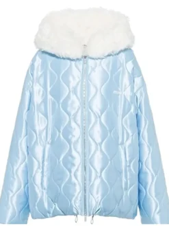 2026 Toronto ICEMAN Video Shoot Drake Quilted Blue Satin Shearling Hooded Puffer Jacket