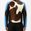 Blue Dyed Cowhide Calf Hair Leather Jacket Featuring Full Sleeves and Erect Collar Design