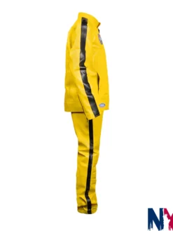 Close view of Beatrix Kiddo Kill Bill Leather Yellow Tracksuit Costume