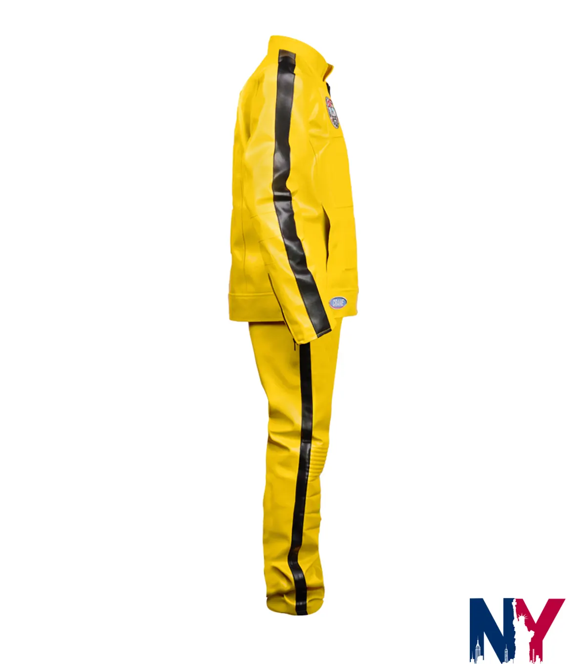 Close view of Beatrix Kiddo Kill Bill Leather Yellow Tracksuit Costume