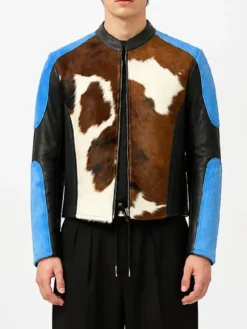 Cowhide Blue Dyed Calf Hair Jacket for Men and Women with Genuine Leather Finish