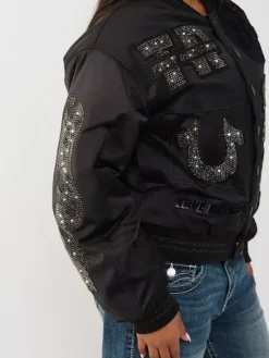Crystal Logo Black Bomber Nylon Jacket