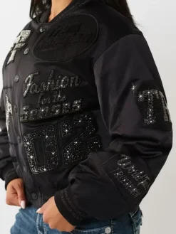 Crystal Logo Black Nylon Bomber Jacket