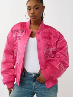 Crystal Logo Boysenberry Nylon Bomber Jacket