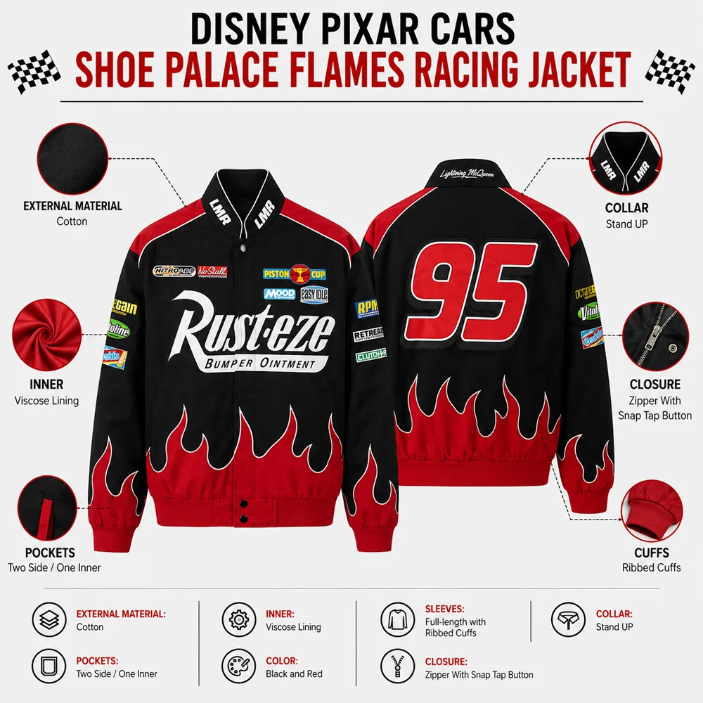 Disney Pixar Cars Shoe Palace Flames Racing Jacket Infographic