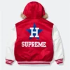 MLB x NBA Supreme Red and White Satin Varsity Fur Hooded Jacket