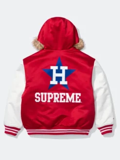 MLB x NBA Supreme Red and White Satin Varsity Fur Hooded Jacket