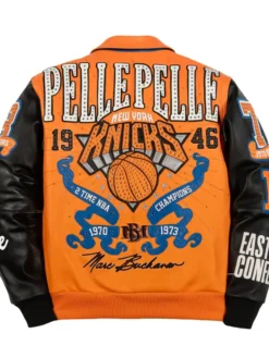Miles McBride Pelle Pelle x New York Knicks Orange and Black Varsity Jacket Back