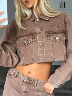 Something To Prove Tan Wash Cropped Denim Jacket