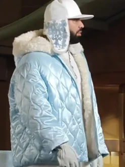 Toronto ICEMAN Video Shoot Drake Blue Quilted Jacket Right