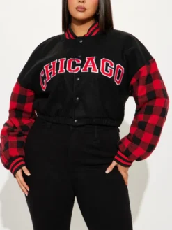 Womens Chicago Bulls Cropped Black Varsity Jacket