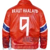 Back view of Erling Haaland Norway Red Leather Jacket featuring full-length sleeves