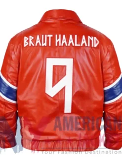 Back view of Erling Haaland Norway Red Leather Jacket featuring full-length sleeves