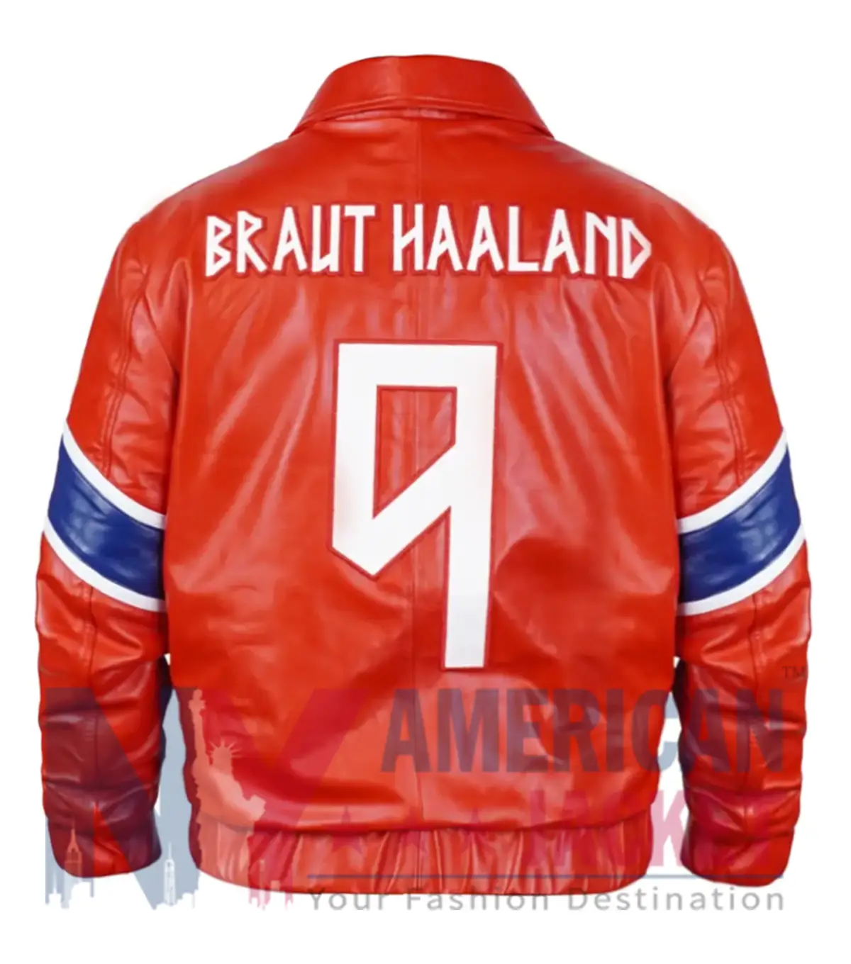 Back view of Erling Haaland Norway Red Leather Jacket featuring full-length sleeves