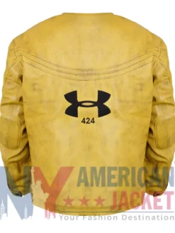 Back view of Under Armour x 424 Yellow Leather Jacket featuring bold color and premium leather style