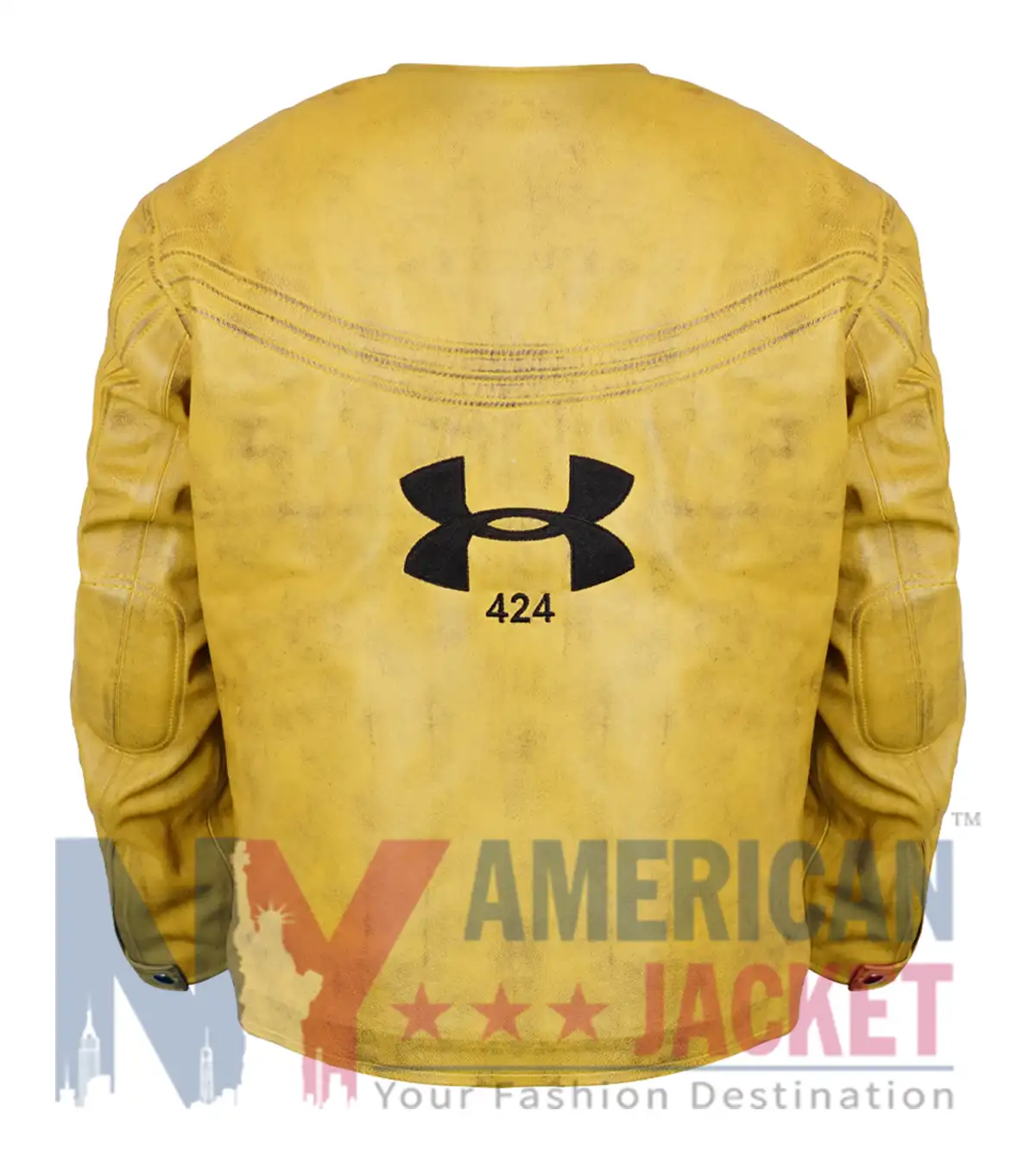 Back view of Under Armour x 424 Yellow Leather Jacket featuring bold color and premium leather style